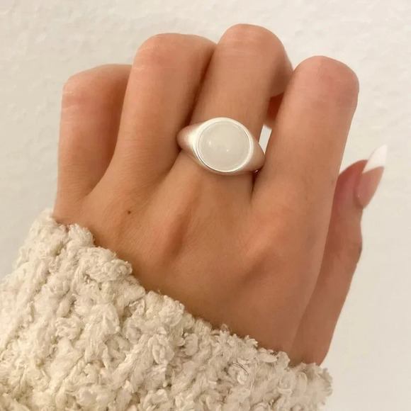 925 Sterling Silver Circle Ring Moonstone Ring Silver Matte Ring Minimalist Ring - Picture 3 of 9